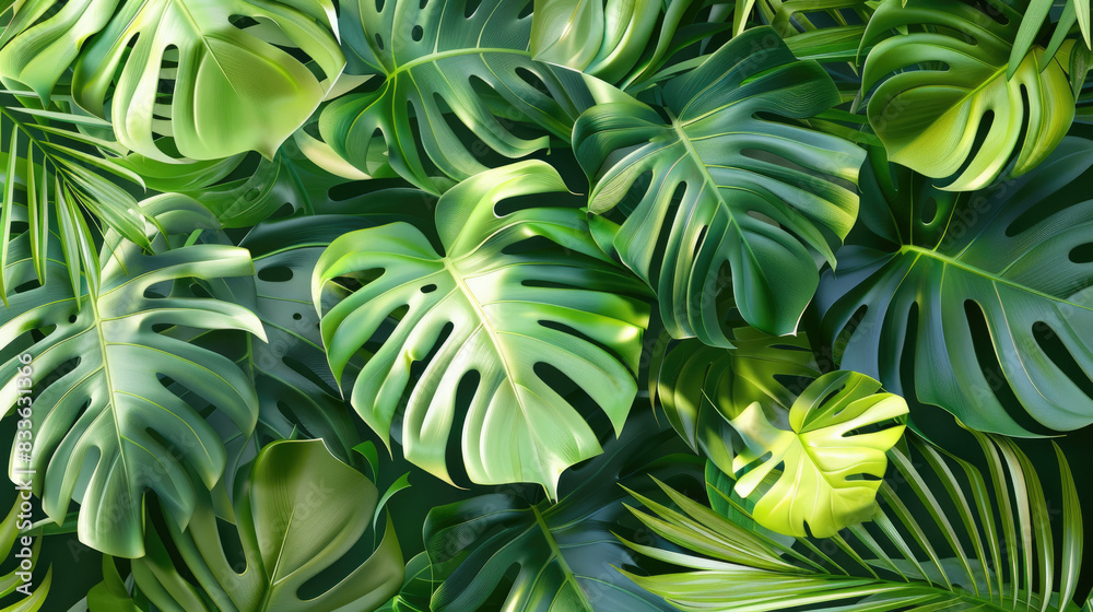 Tropical leaves featuring Monstera in vibrant greens on a white background with copy space. Ideal for summer themes and nature-inspired designs. Tropical leaves featuring Monstera in vibrant greens on a white background with copy space. Ideal for summer themes and nature-inspired designs.