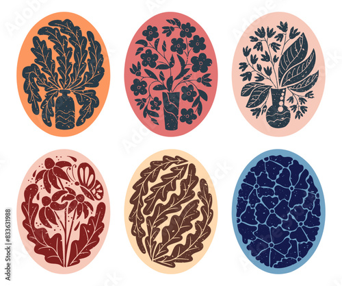 Set of Floral abstract composition in oval shapes. Flat duotone hand drawn illustrations with bouquet in vase in printmaking technique with grunge texture and scratches. Good for posters