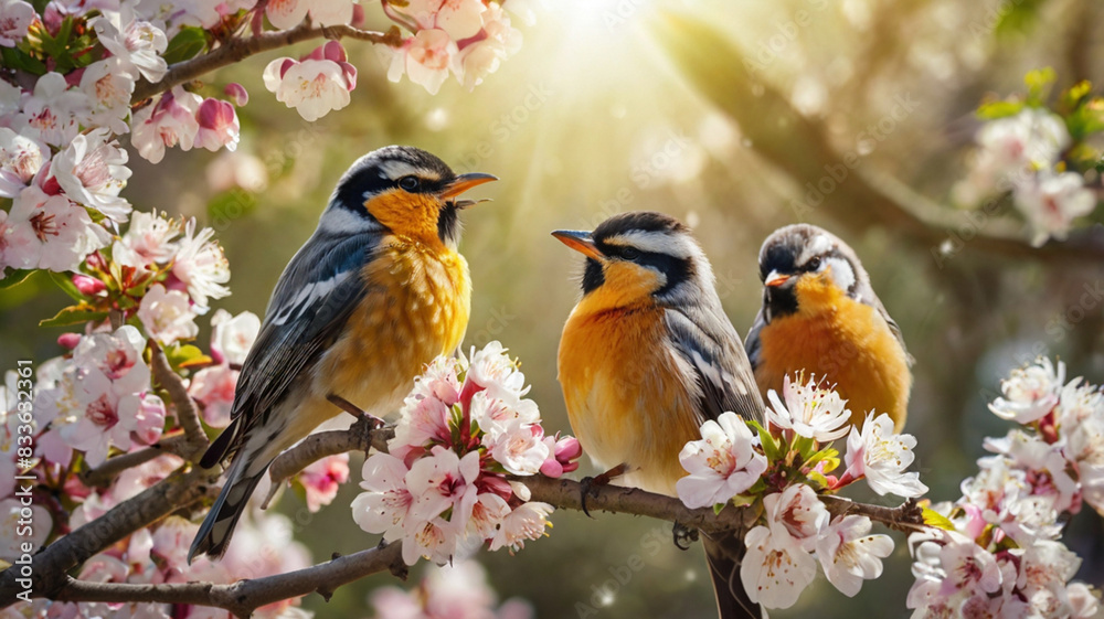 Naklejka premium Cute little birds sit on the branch in a sunny spring garden