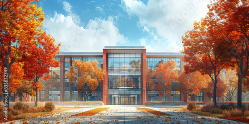 Modern college building in autumn surrounded by vibrant orange and red trees, with fallen leaves covering the pathway