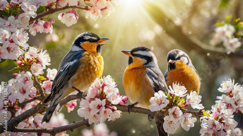 Cute little birds sit on the branch in a sunny spring garden © triocean