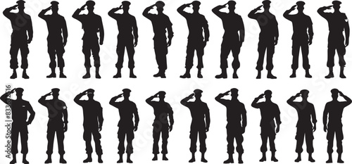 collection Illustration of an American soldier military serviceman personnel silhouette saluting from front  isolated background