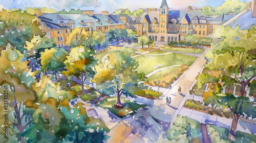 Watercolor painting of a university campus with green spaces and buildings
