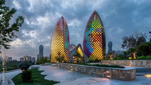 Taza Pir Mosque and Flame Towers, Baku, Azerbaijan 