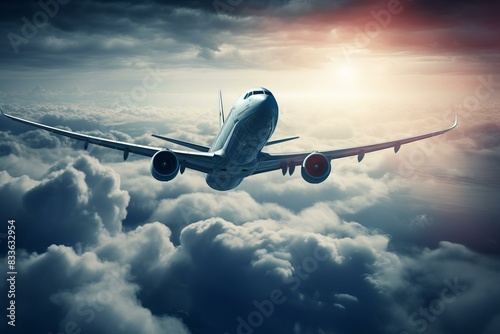 Commercial jet airliner flying high amidst dramatic clouds lit by the warm hues of a sunset