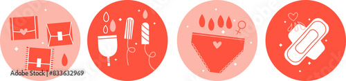 Menstruation stickers. Feminine hygiene products. Tampon, pads, menstrual cup. Hand drawn menstrual periods set. Female regular menstrual cycle concept. Abstract flat vector illustration