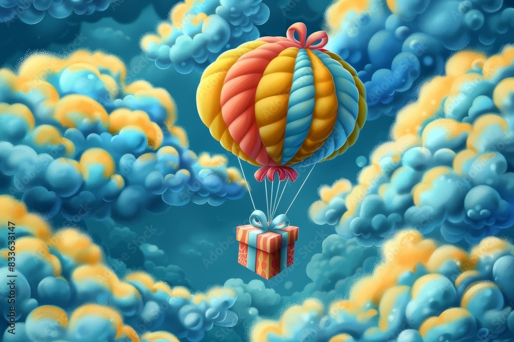 Fototapeta premium Craft a 3D depiction of a playful scene with a gift box carried by a balloon that mimics the soft curves of a cloud, presented in flat minimal style on a subtle gradient background