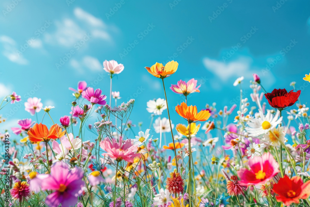 A colorful field of blooming flowers under a clear blue sky