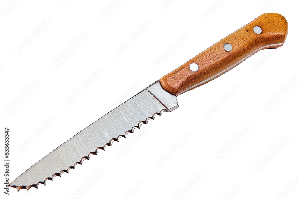 High-quality serrated knife with wooden handle on transparent background High-quality serrated knife with wooden handle on transparent background