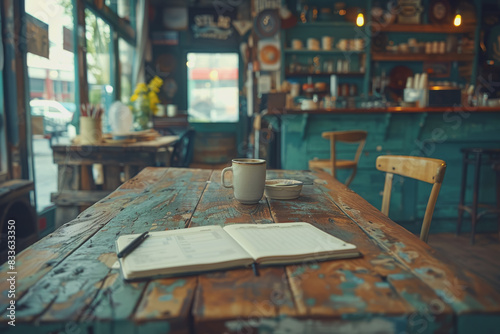 The table with a hot coffee cup, Morning atmosphere, notebook, pen, and Space on the left side.