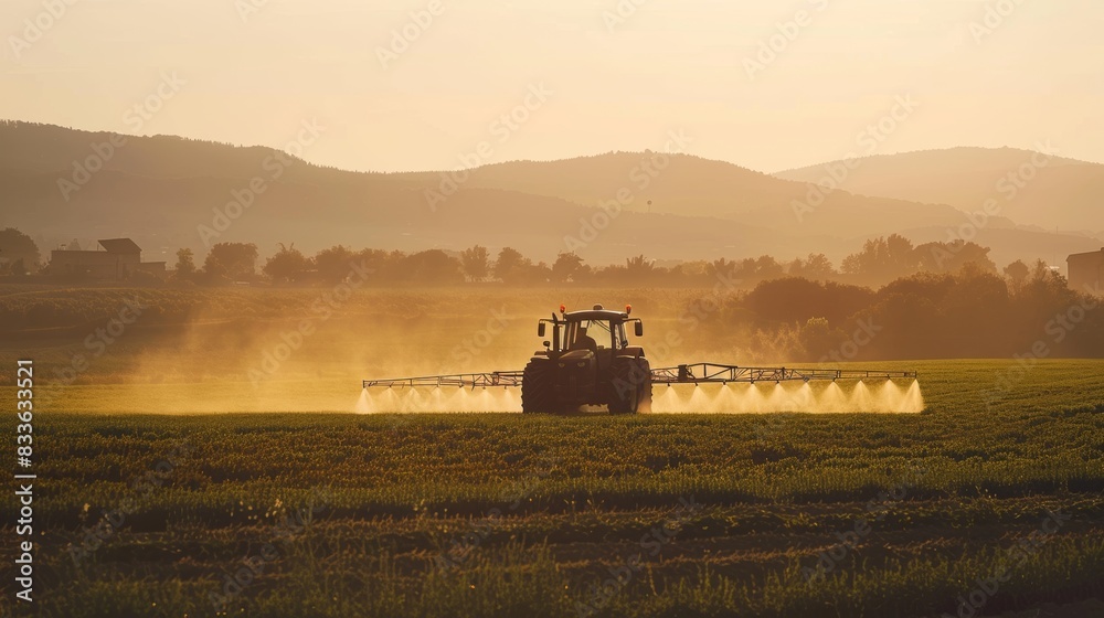 Naklejka premium Tractor spraying pesticides across a vast farm field, mist visibly dispersing, under a clear sky