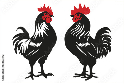 Vector illustration set of black silhouettes of hens. Silhouettes of roosters. Cock illustration. Black silhouettes of roosters and hens on a white background. 