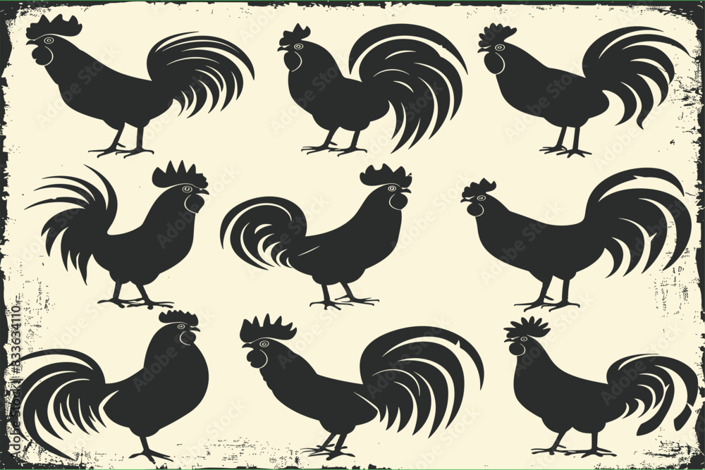 Vector illustration set of black silhouettes of hens. Silhouettes of roosters. Cock illustration. Black silhouettes of roosters and hens on a white background. Vector illustration set of black silhouettes of hens. Silhouettes of roosters. Cock illustration. Black silhouettes of roosters and hens on a white background.