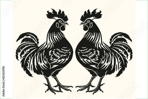 Vector illustration set of black silhouettes of hens. Silhouettes of roosters. Cock illustration. Black silhouettes of roosters and hens on a white background. 