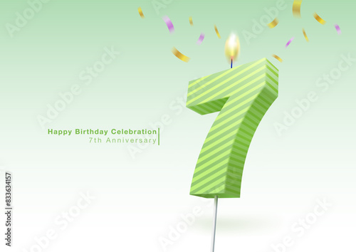 Celebrate the 7th anniversary. Light a pastel number 7 candle. Multi-colored ribbons are scattered in the background. Use for birthdays, weddings, company anniversaries. Vector illustration file.