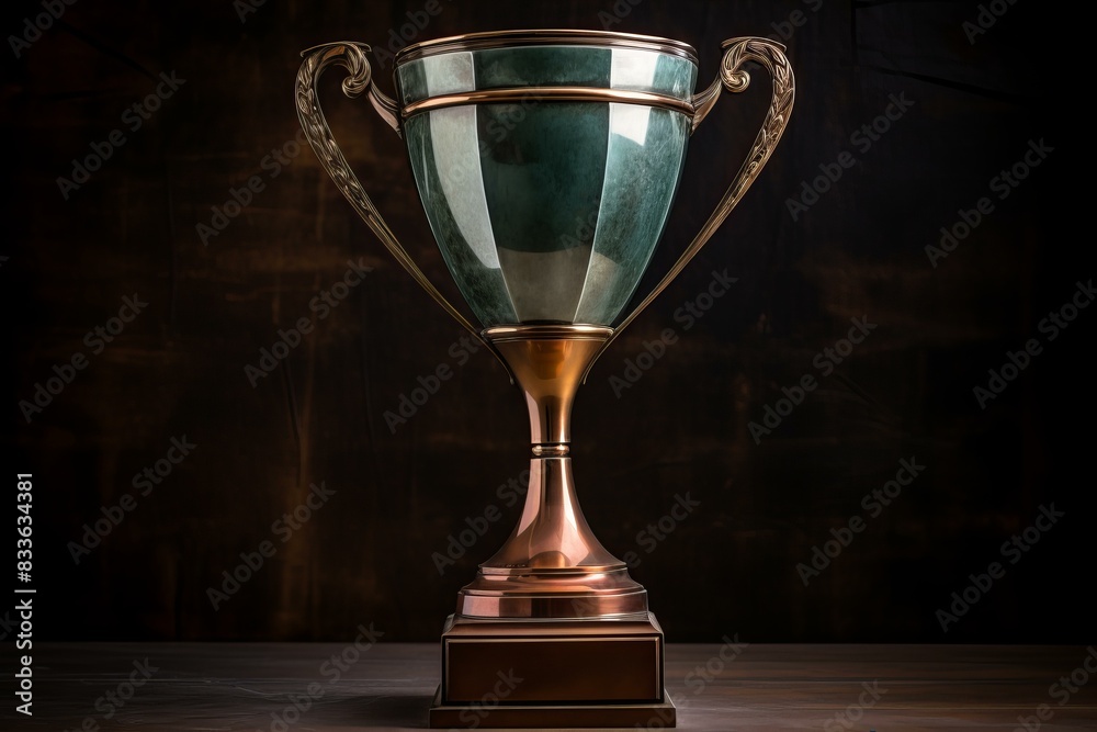 Majestic, bronze-colored trophy with intricate handles set against a dark background, symbolizing achievement Majestic, bronze-colored trophy with intricate handles set against a dark background, symbolizing achievement