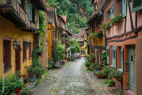A quaint village street lined with charming houses and cobblestone paths