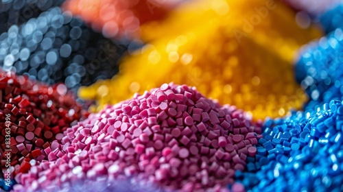 Macro shot of plastic granules, emphasizing their role in the chemical industry and as petroleum-based products, under studio lighting photo