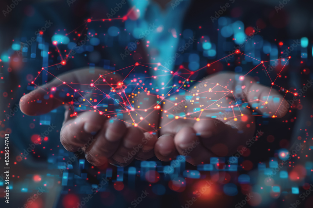 Businessman holding stock market graphic, networking, and data analytics connection, network. Businessman holding stock market graphic, networking, and data analytics connection, network.