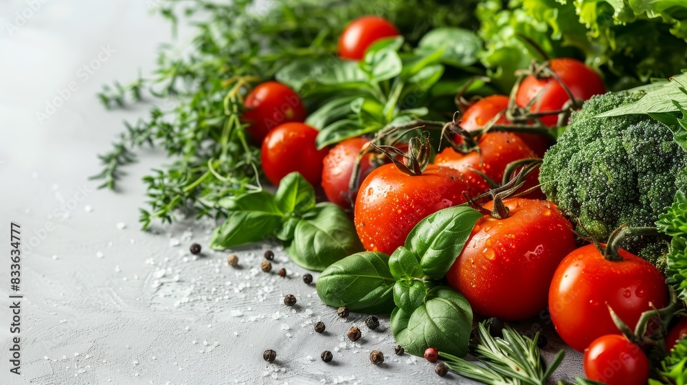 Macro close-up of fresh vegetables and herbs arranged with braces, blank space for text, product advertisement, isolated background, studio lighting Macro close-up of fresh vegetables and herbs arranged with braces, blank space for text, product advertisement, isolated background, studio lighting