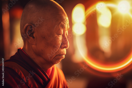 Serene Elder Monk Meditating During Golden Hour with Spiritual Light Aura © smth.design