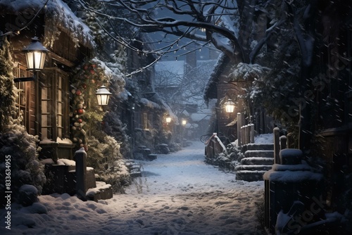 Magical nighttime scene of a quaint village street blanketed in fresh snow, with glowing lanterns adding warmth to the winter ambiance