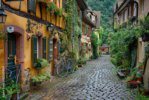A quaint village street lined with charming houses and cobblestone paths © Venka