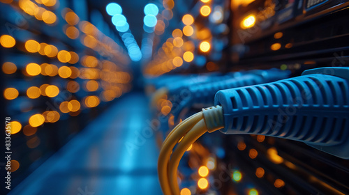 Internet LAN cable In a modern server room For storing and transmitting information through a secure internet technology network.