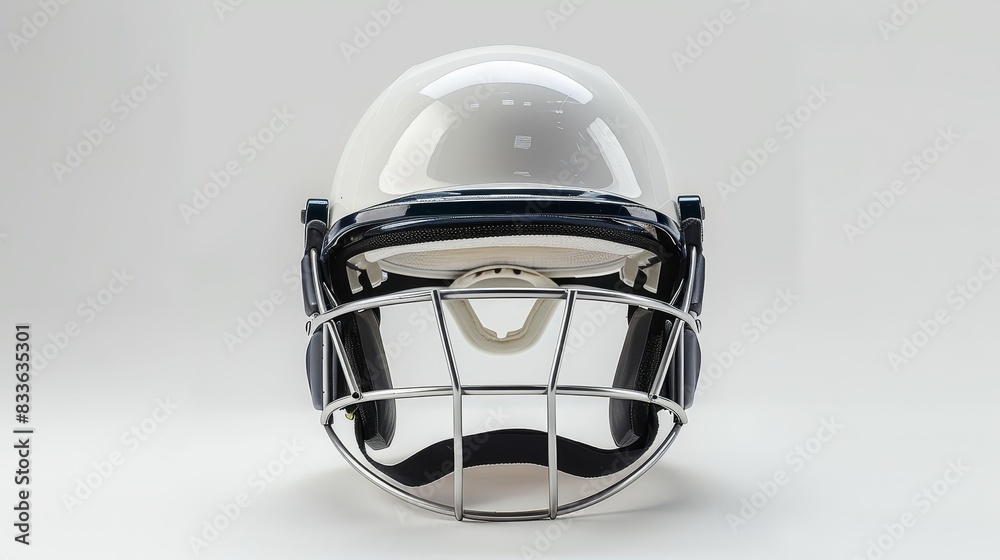 The photo shows a white cricket helmet with a black face guard