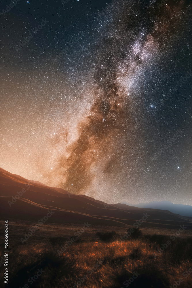 Stunning Milky Way Over Mountain Landscape at Night with Clear Sky and Twinkling Stars Stunning Milky Way Over Mountain Landscape at Night with Clear Sky and Twinkling Stars