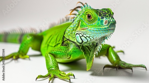 A vibrant green iguana, its bright scales contrasting against a transparent background, rendered with incredible realism. 
