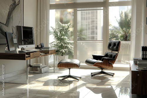 A sleek  modern office workspace with contemporary design elements