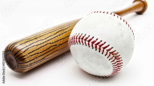 A wooden baseball bat and a white baseball with red stitching. photo