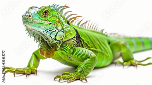 A vibrant green iguana, its bright scales contrasting against a transparent background, rendered with incredible realism. 