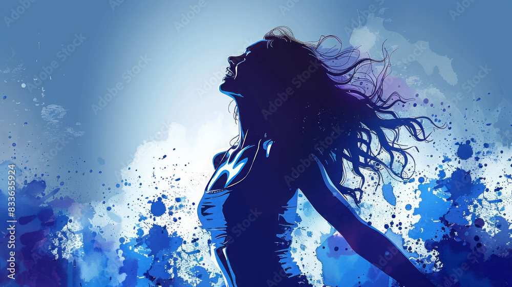 Illustration of Woman with Blue Flowing Hair in the Wind