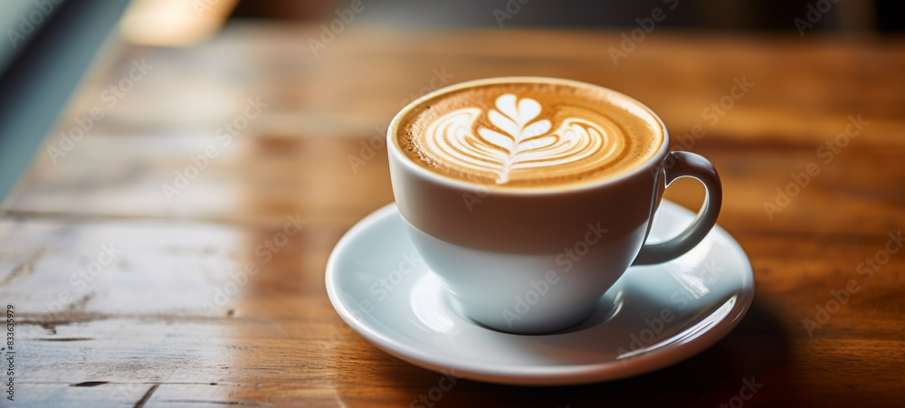 Cup of cappuccino in white glass on a wooden table. coffee and sunlight in the morning. Cup of cappuccino in white glass on a wooden table. coffee and sunlight in the morning.