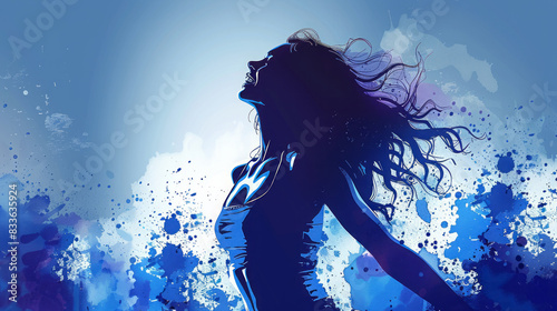 Illustration of Woman with Blue Flowing Hair in the Wind