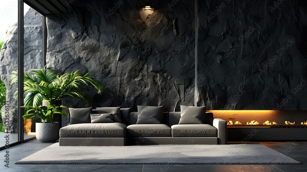 Black stone wall with modern fireplace, grey sofa and potted plant near the wall. The scene is illuminated by warm light from an open fire in front of the gas hearth.