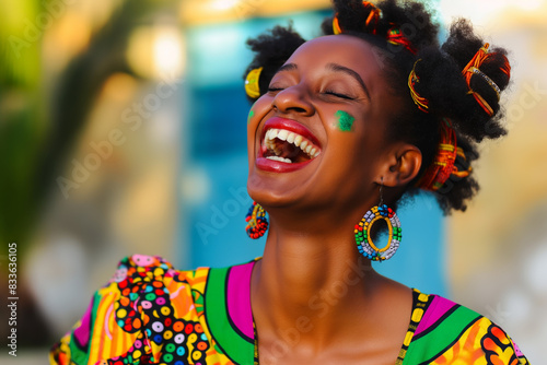 Joyful African Woman Laughing in Colorful Traditional Attire Outdoors