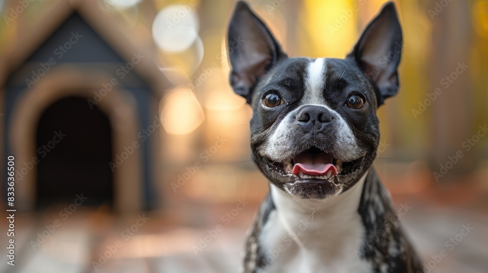 adorable boston terrier with wagging tail, sitting in front of a black and white doghouse, represents the playful and cute pet concept adorable boston terrier with wagging tail, sitting in front of a black and white doghouse, represents the playful and cute pet concept