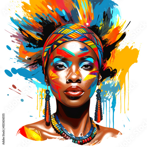 Portrait of a beautiful African black woman with many colorful accessories.