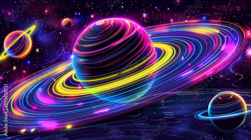 Neon-colored planets with rings in a vibrant galaxy photo