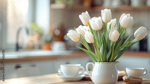 Blurred kitchen interior with a white tulips bouquet and coffee cups on the table, banner for web design or print material in the style of web design or print material. #833636788