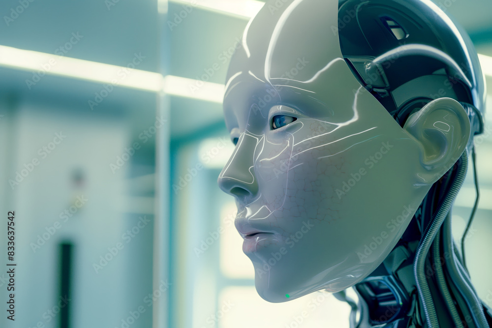 Advanced Humanoid Robot Head in Futuristic Laboratory Setting Advanced Humanoid Robot Head in Futuristic Laboratory Setting