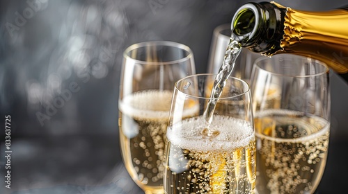 champagne being poured into glasses filled with sparkling wine, each glass brimming with pale yellow liquid adorned with bubbles.