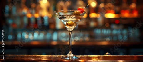 Classic Martini with Olive Garnish in Dimly Lit Retro Bar photo