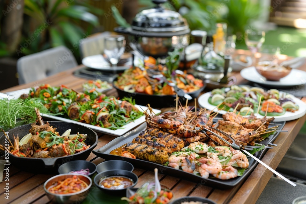 An outdoor dining scene with an array of international dishes beautifully presented on a table, capturing the essence of multicultural culinary experiences. An outdoor dining scene with an array of international dishes beautifully presented on a table, capturing the essence of multicultural culinary experiences.