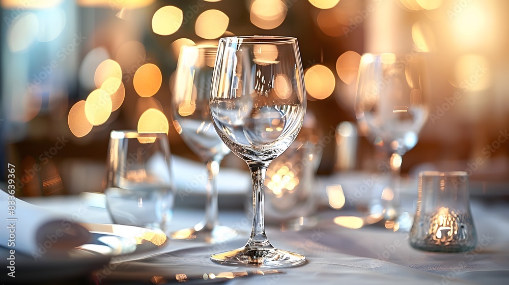 Elegant wine glasses on an elegant table setting in a restaurant, captured, showcasing the texture of the crystal glassware. emphasize the focus on the sophisticated dining experience. Elegant wine glasses on an elegant table setting in a restaurant, captured, showcasing the texture of the crystal glassware. emphasize the focus on the sophisticated dining experience.