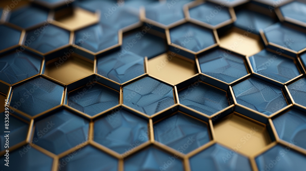 Explore seamless technology integration through abstract blue and gold hexagons. Explore seamless technology integration through abstract blue and gold hexagons.