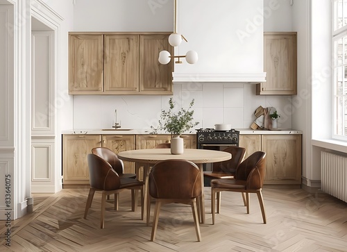 Scandinavian style interior of a kitchen with a round table and brown leather chairs